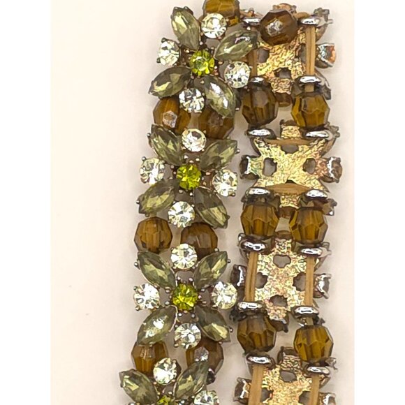 Unbranded Jewelry - Vintage Rhinestone & Bead Flex Bracelet Gold-Tone Green/Brown Floral Design